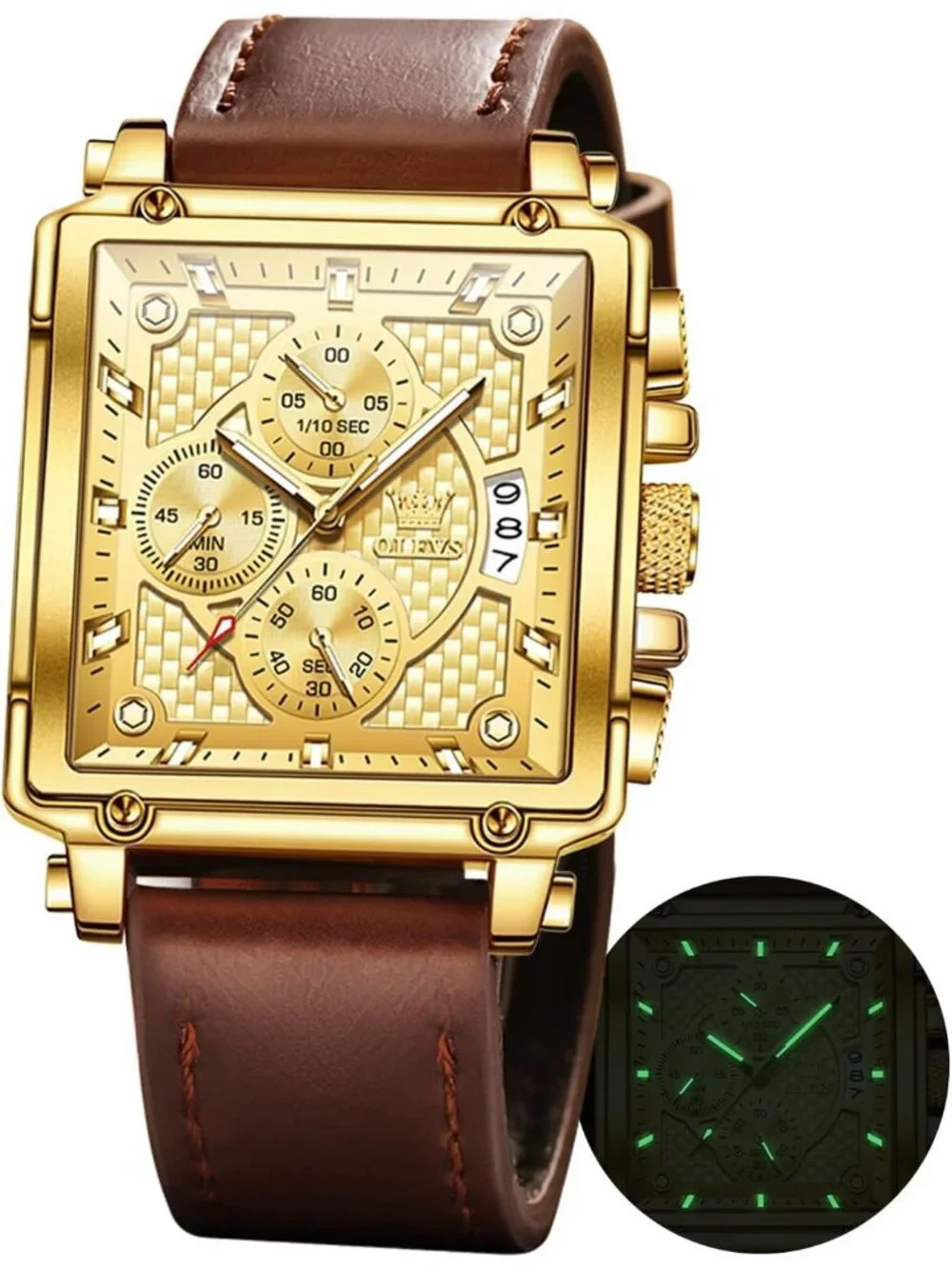 Men's Gold Quartz Leather Strap Waterproof Casual Trendy Square Dial Wristwatch